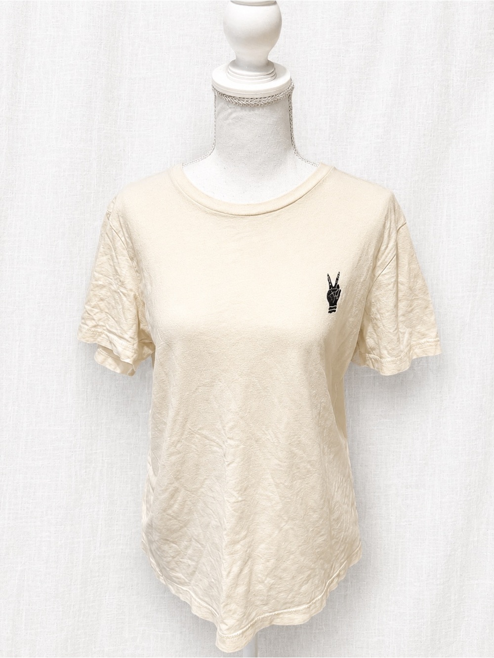 Cream Short Sleeve Women's Crewneck Tee with Peace Hand Embroidery